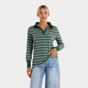 La Marey Striped Long Sleeve Polo T-Shirt (Size L, 16-18) - Dark Green & White