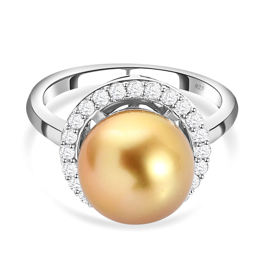 Golden South Sea Pearl and Diamond Ring in Platinum Overlay Sterling Silver