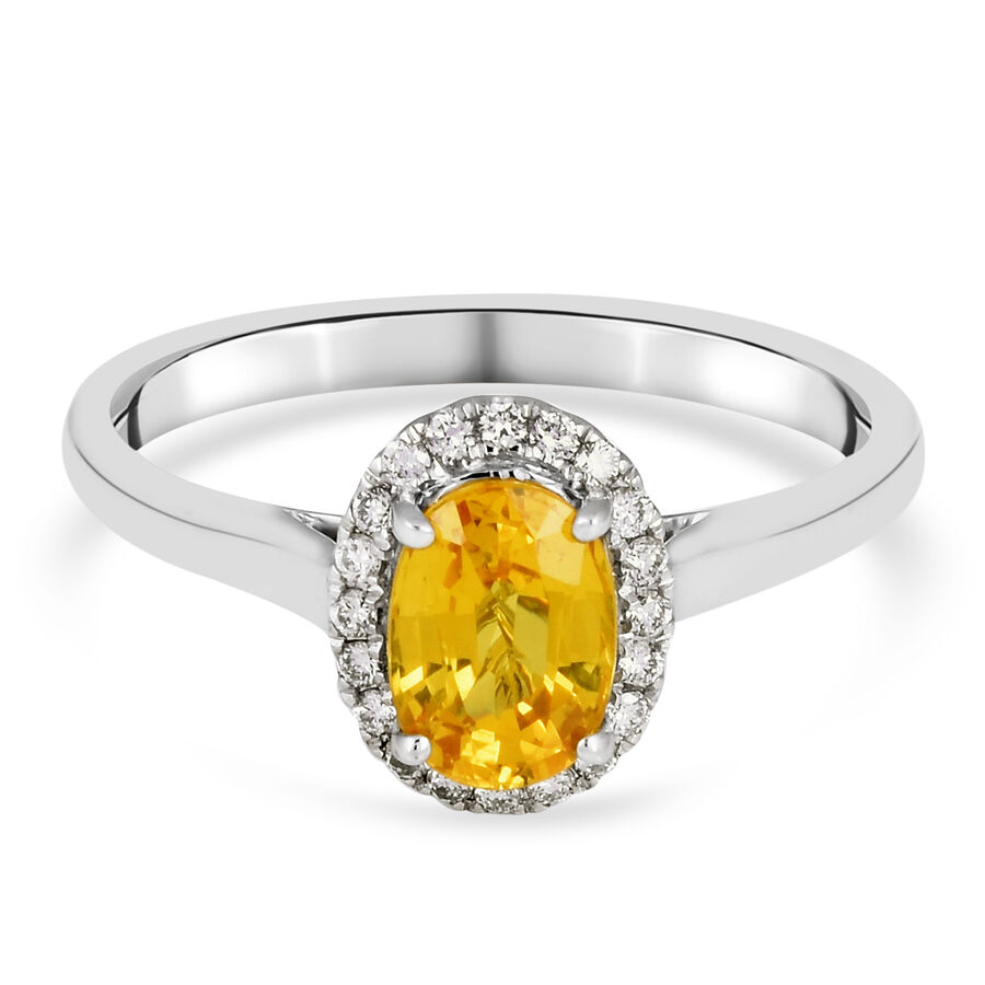ILIANA 18K White Gold AAA Loupe Clean Chanthaburi Yellow Sapphire and Diamond (G-H-SI) Halo Ring 1.25 Ct.