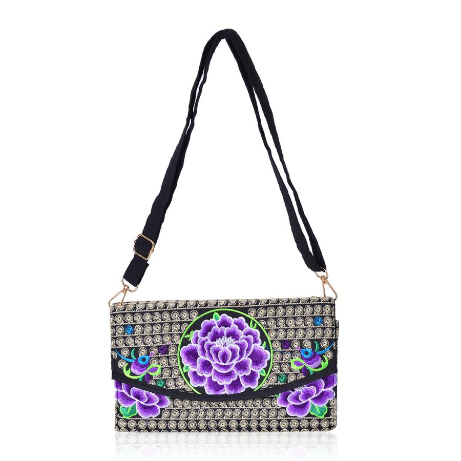 Purple, Black and Multi Colour Floral Embroidered Crossbody Bag with Adjustable and Removable