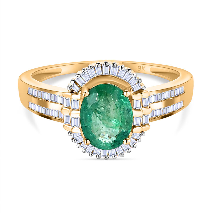 9K Yellow Gold AAA Zambian Emerald and Diamond Ring 1.53 Ct.