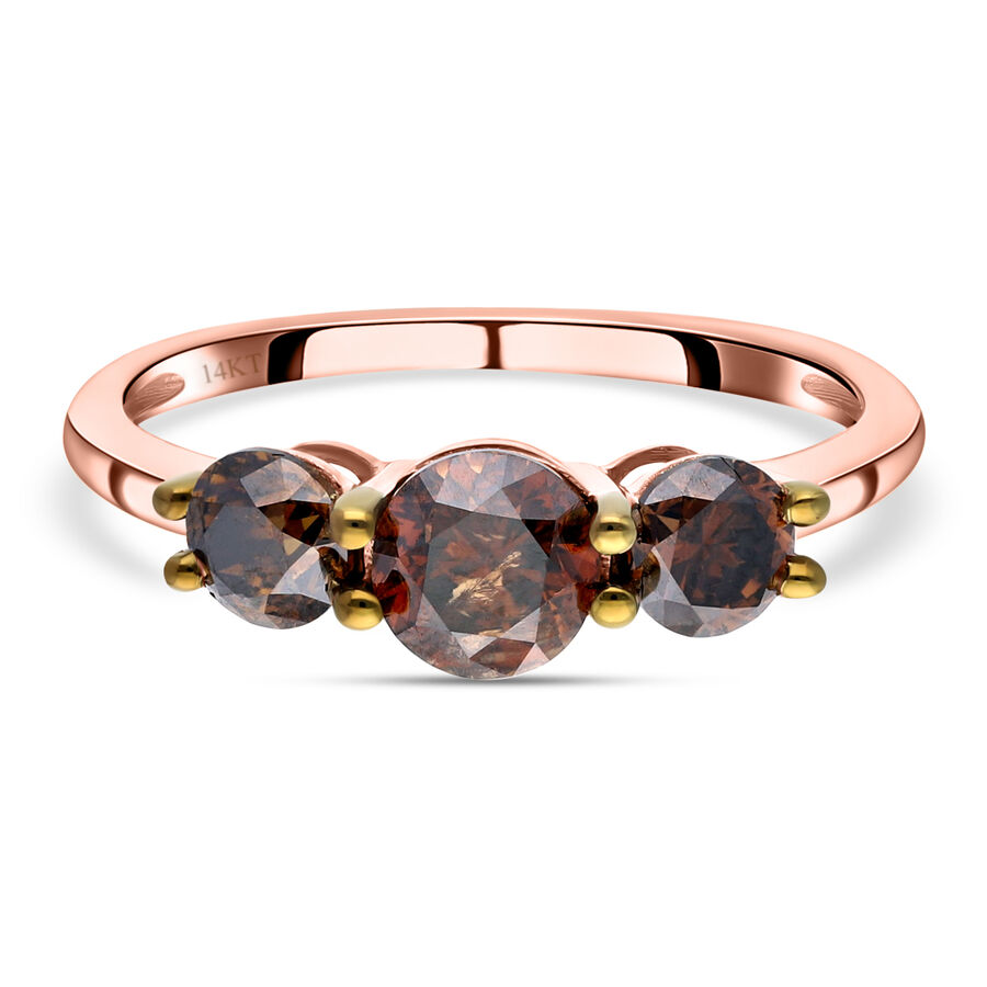 14K Rose Gold SGL Certified Natural Champagne (Centre Dia. 1.00 Ct.) Diamond (I1-I2) Trilogy Ring 2.00 Ct.