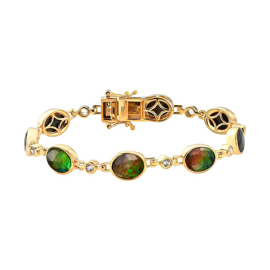 AA Ammolite and Natural Cambodian Zircon Bracelet (Size - 7) in 18K Vermeil Yellow Gold Overlay Sterling Silver 13.90 Ct, Silver Wt. 12.70 Gms