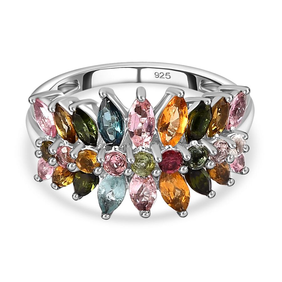Multi-Tourmaline Cluster Ring in Platinum Overlay Sterling Silver 2.18 Ct.