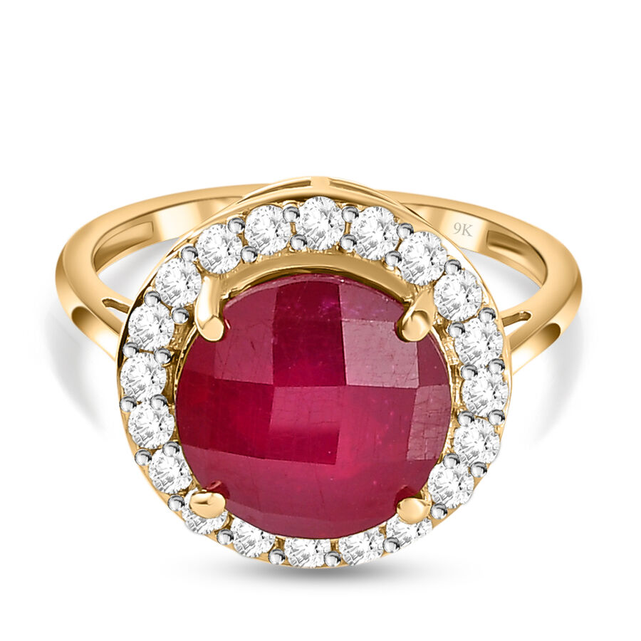 9K Yellow Gold African Ruby (FF) and Moissanite Ring 6.21 Ct.