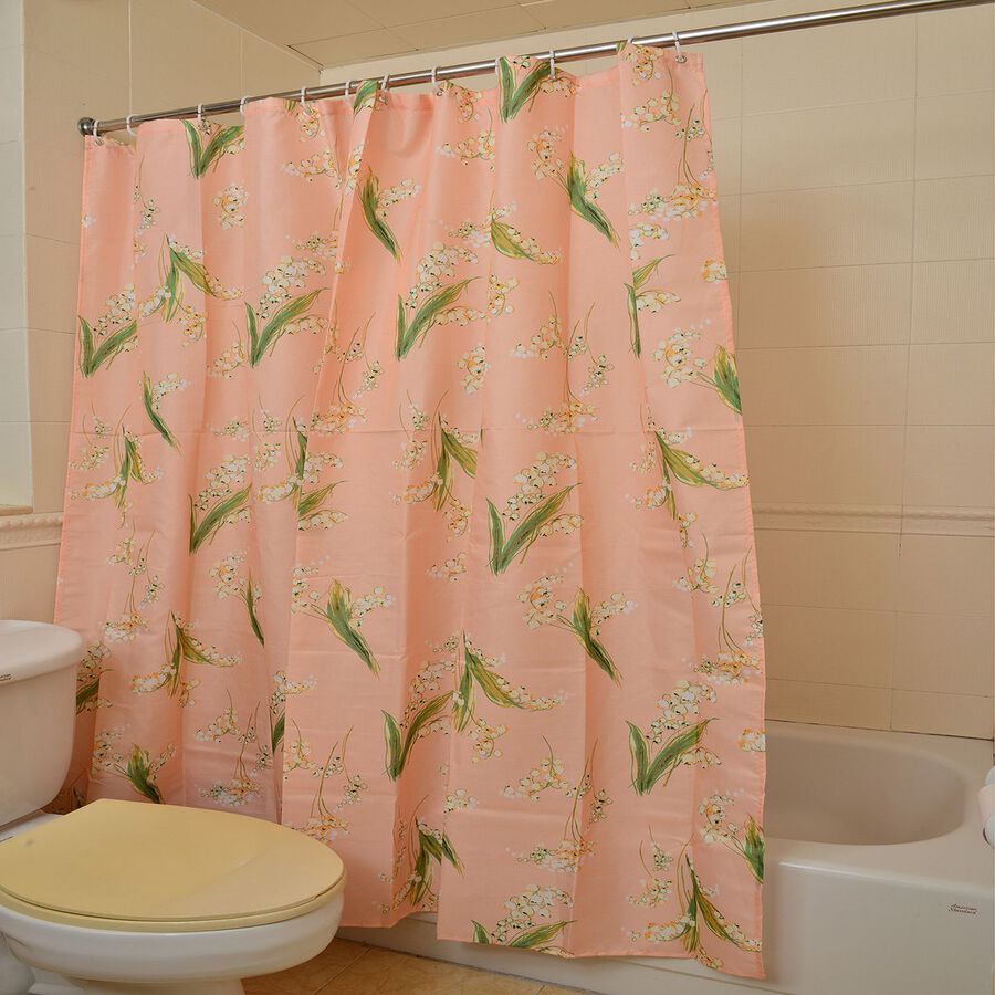 Peach, Green and Multi Colour Flower Printed Peach Colour Waterproof Shower Curtain with 12
