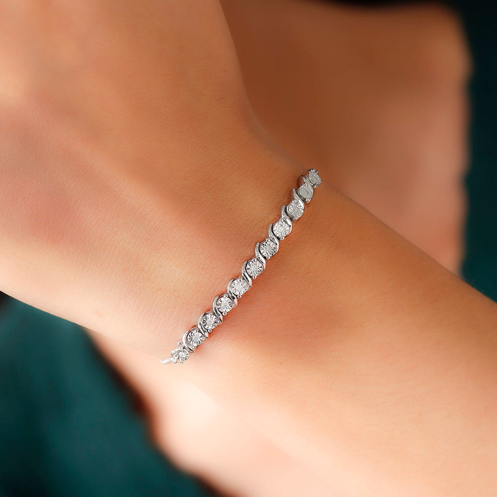 Diamond (Rnd) Adjustable Bolo Bracelet (Size 9.5) in Platinum Overlay Sterling Silver 0.150 Ct.