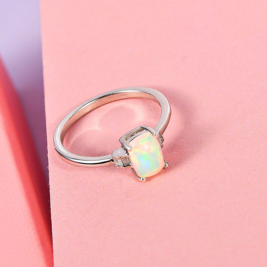 Ethiopian Welo Opal and Diamond Ring in Platinum Overlay Sterling Silver 0.59 Ct