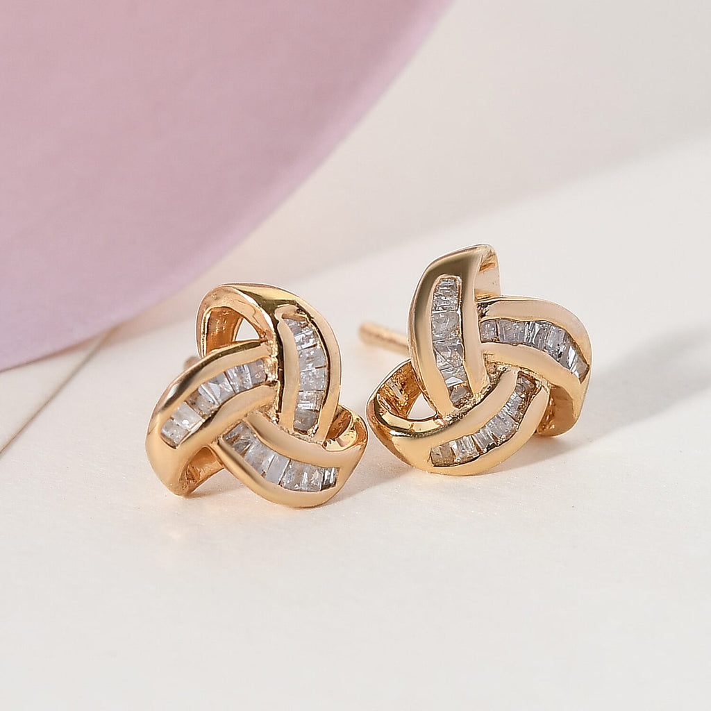 Diamond Triple Knot Stud Earrings with Push Back in 14K Gold Overlay Sterling Silver