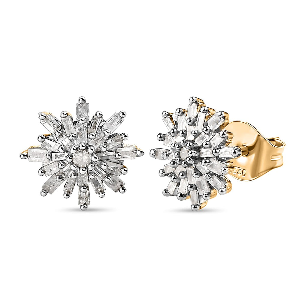 D'Joy Diamond Snow Flake Earrings with Push Back in 18K Vermeil Yellow Gold Plated Sterling Silver 0.33 Ct.