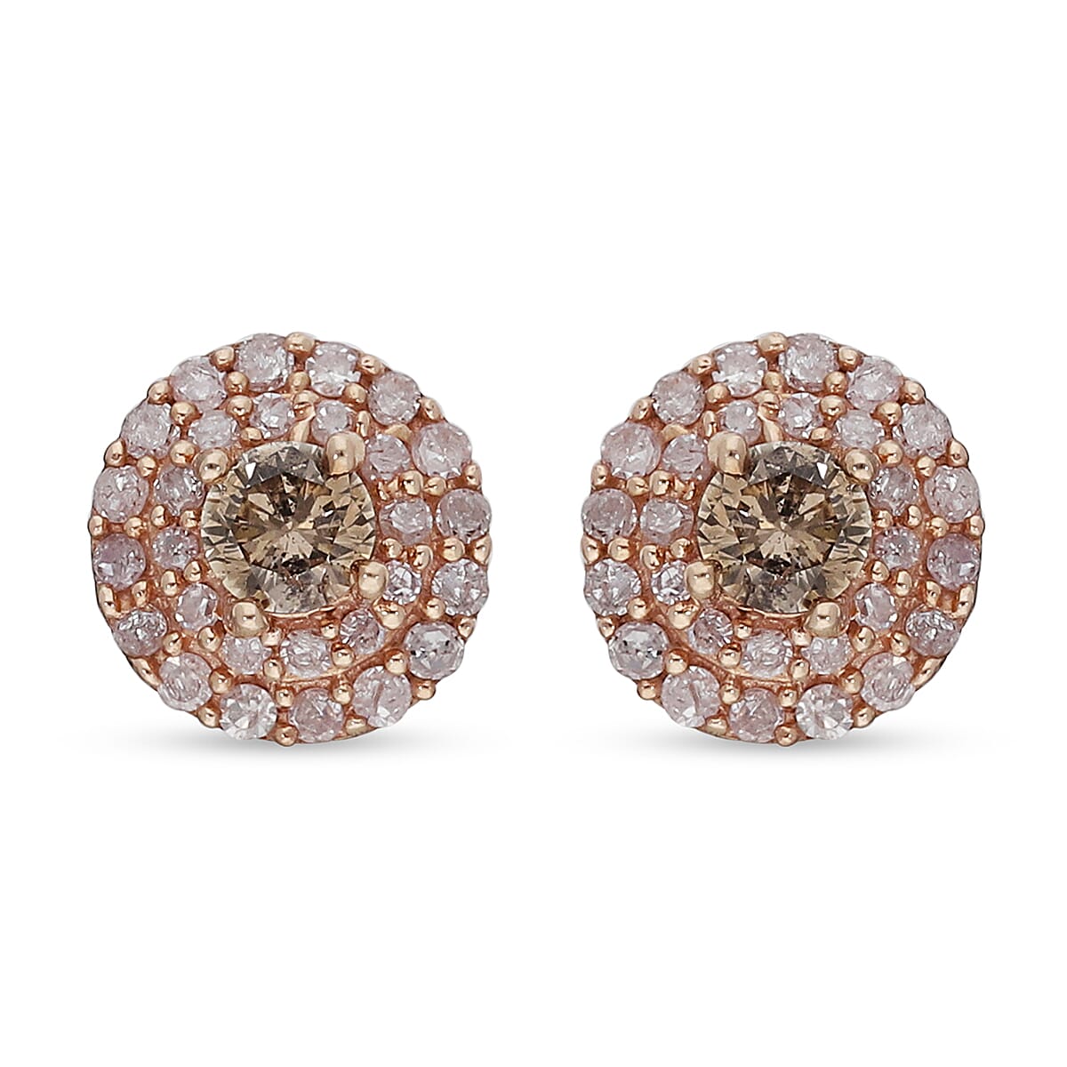 0.51 Ct. Pink Diamond and Champagne Diamond Double Halo Stud Earrings in 9K Rose Gold 3867139 0