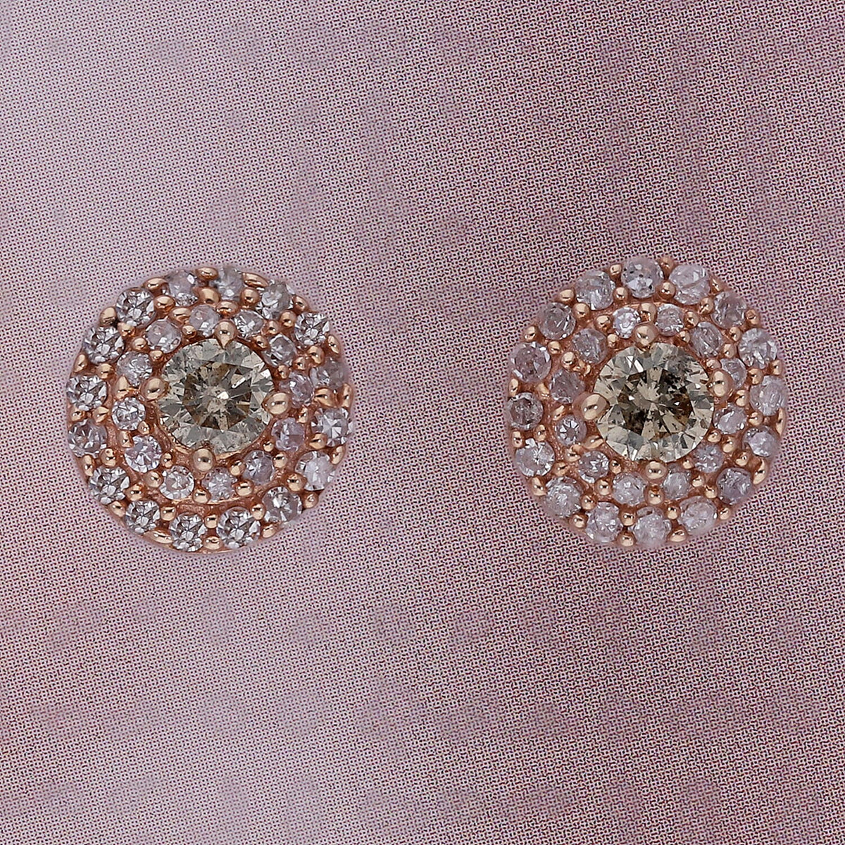 0.51 Ct. Pink Diamond and Champagne Diamond Double Halo Stud Earrings in 9K Rose Gold 3867139 2