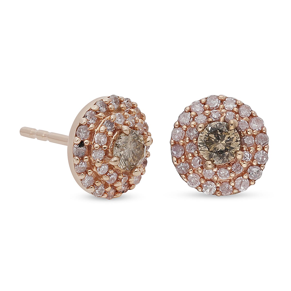 0.51 Ct. Pink Diamond and Champagne Diamond Double Halo Stud Earrings in 9K Rose Gold 3867139 4