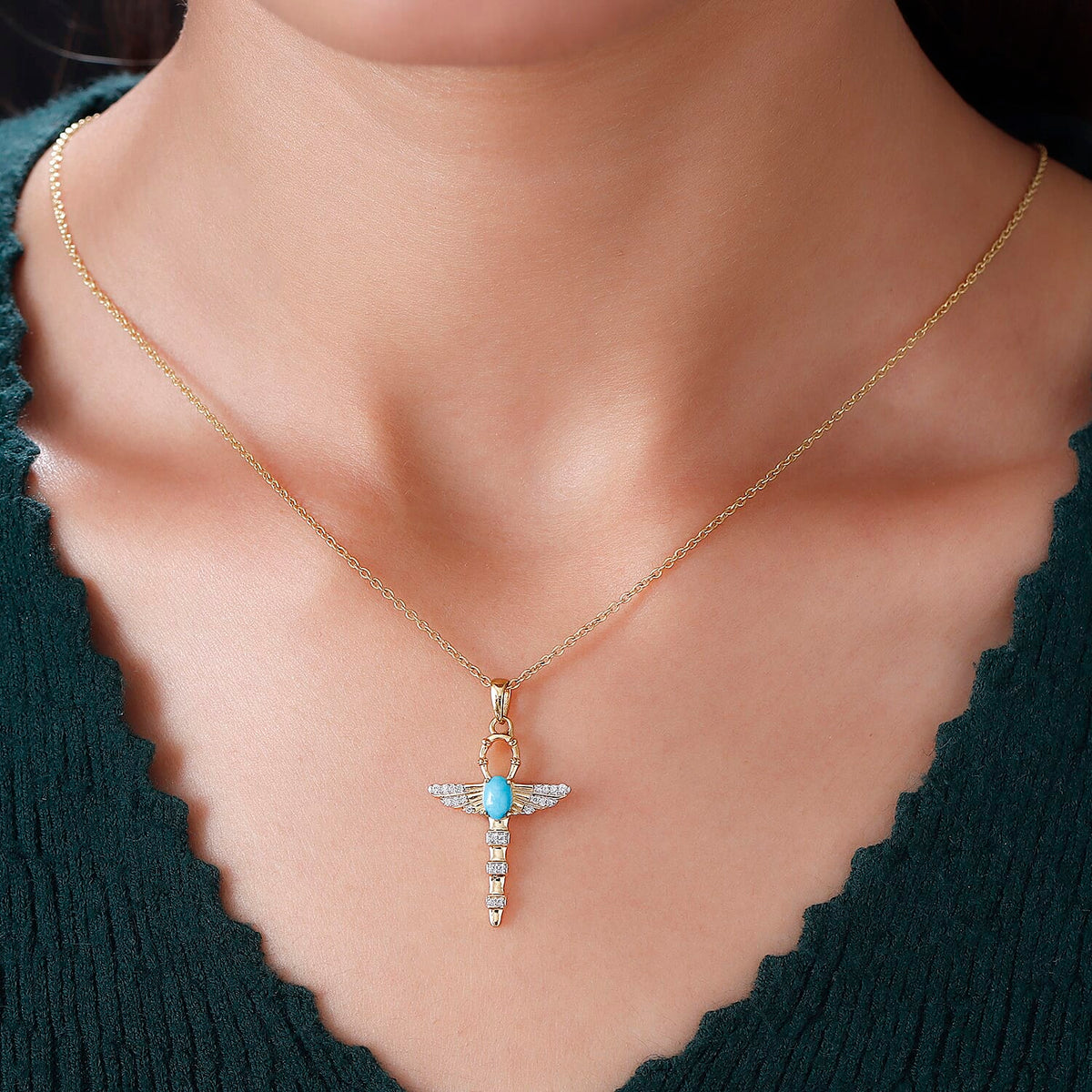 0.63 Ct. Sleeping Beauty Turquoise and Zircon Ankh Pendant in Gold Plated Sterling Silver 3810663 2