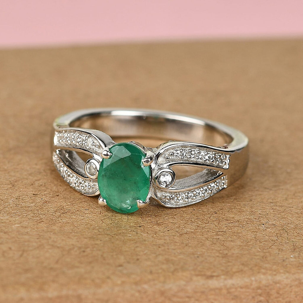 Santa Terezinha AAA Emerald & Natural Zircon Ring in Platinum Overlay Sterling Silver