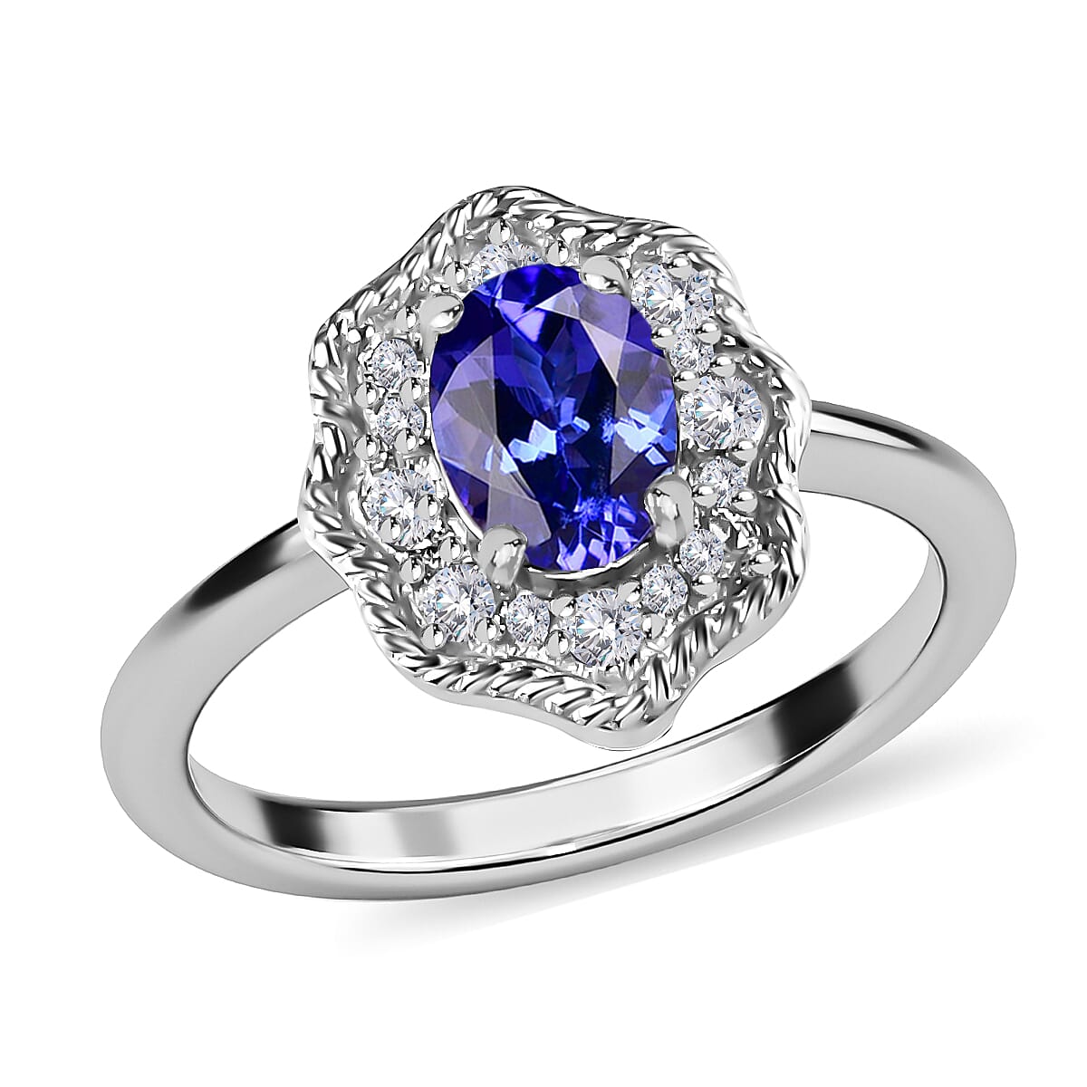 0.88 Ct. Tanzanite and Natural Cambodian Zircon Floral Glory Ring in Platinum Plated Sterling Silver 3738161 0