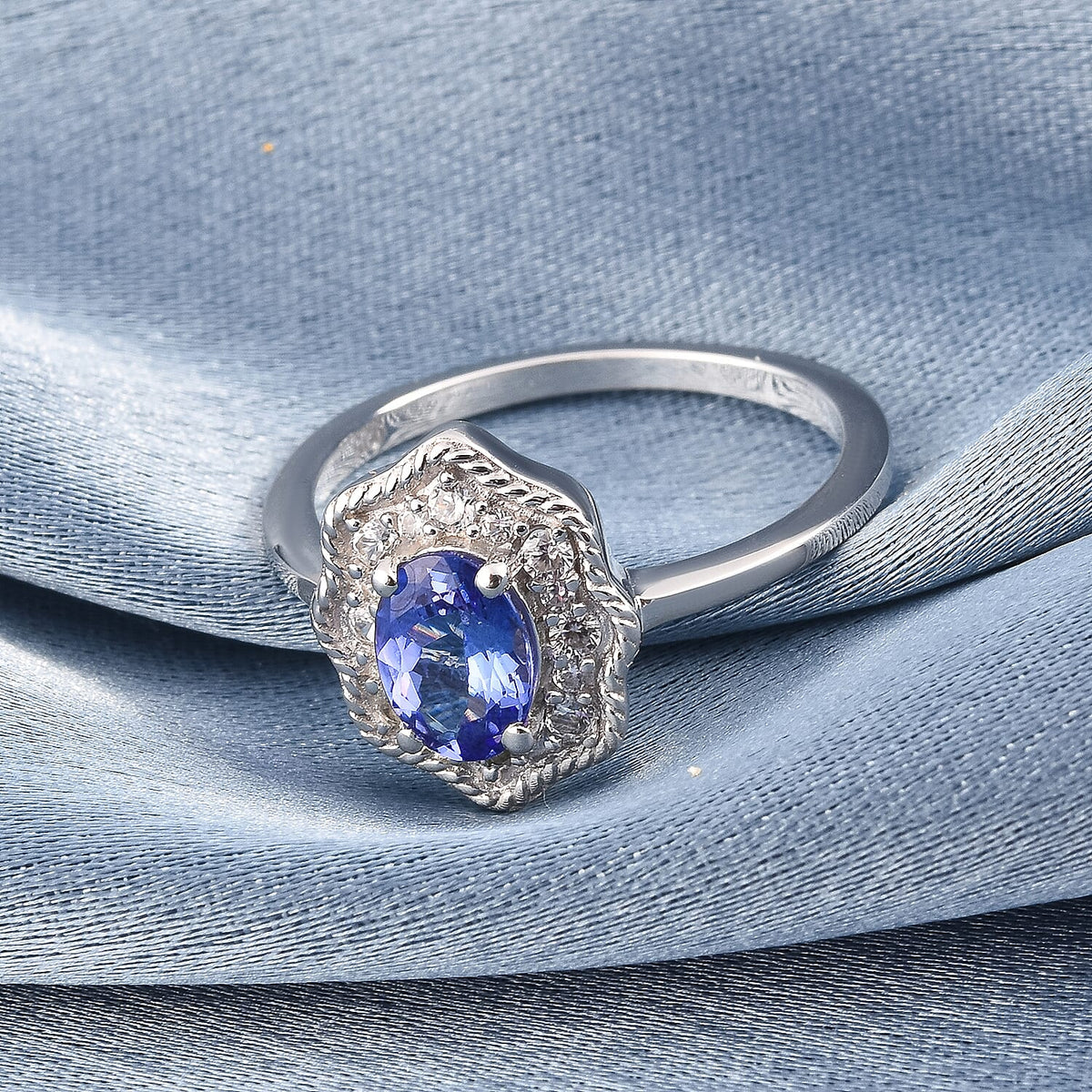 0.88 Ct. Tanzanite and Natural Cambodian Zircon Floral Glory Ring in Platinum Plated Sterling Silver 3738161 2