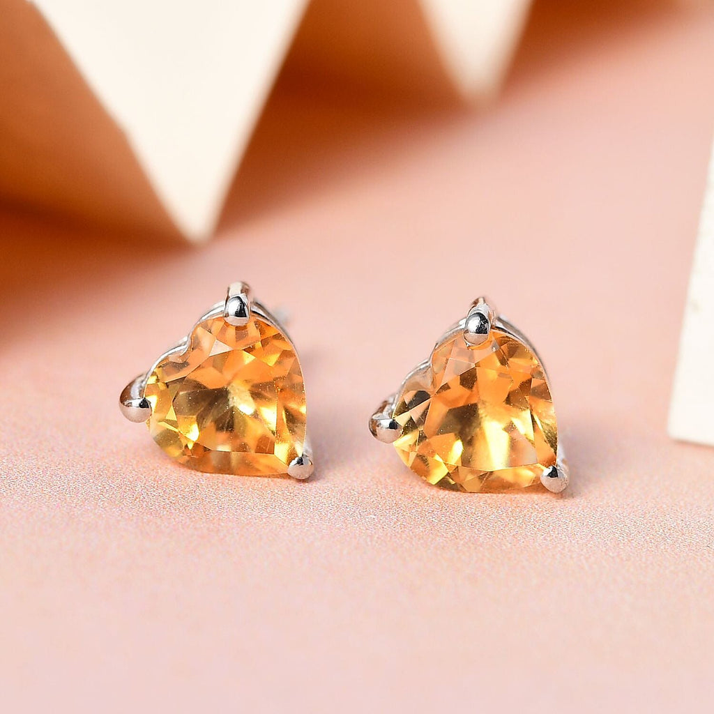 Citrine Heart Stud Push Post Earrings in Platinum Overlay Sterling Silver 1.35 Ct.