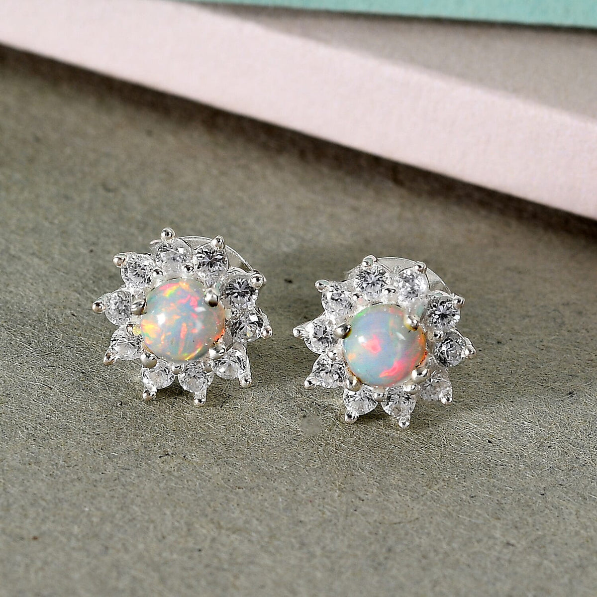 0.98 Carat Ethiopian Opal Zircon Halo Earrings in Sterling Silver 7333820 2