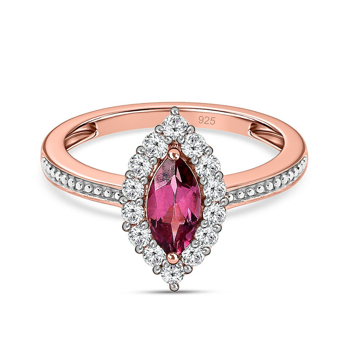 D'Joy - Tanzanian Wine Garnet and Natural Zircon Halo Ring in 18K Vermeil Rose Gold Plated Sterling Silver 1.00 Ct. 7321448 1
