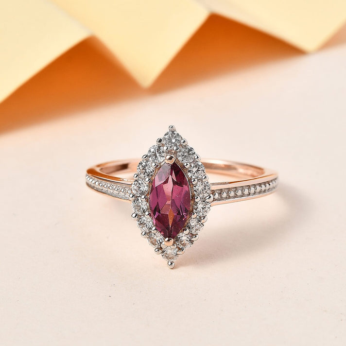 D'Joy - Tanzanian Wine Garnet and Natural Zircon Halo Ring in 18K Vermeil Rose Gold Plated Sterling Silver 1.00 Ct. 7321448 2