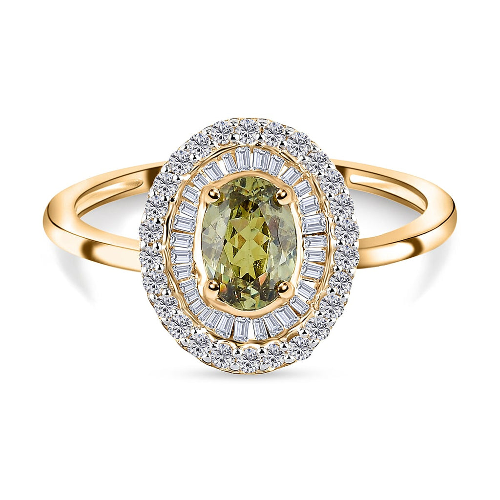 9K Yellow Gold  Demantoid Garnet and Diamond Cluster Ring 1.12 Ct.