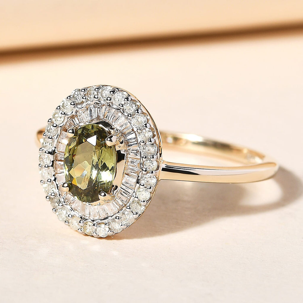 9K Yellow Gold  Demantoid Garnet and Diamond Cluster Ring 1.12 Ct.