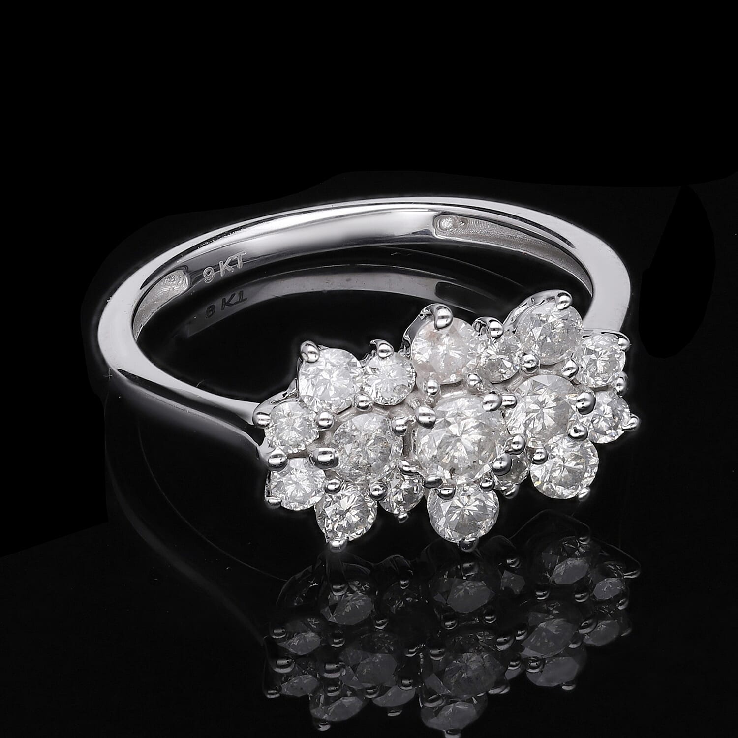 1 Carat Diamond Cluster Boat Ring in 9K White Gold 2.10 Grams SGL Certified I3 GH 3562987 2