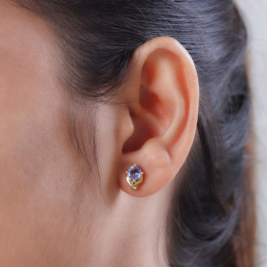 D'Joy Tanzanite Stud Earrings with Push Back in 18K Vermeil Yellow Gold Plated Sterling Silver 1.00 Ct.