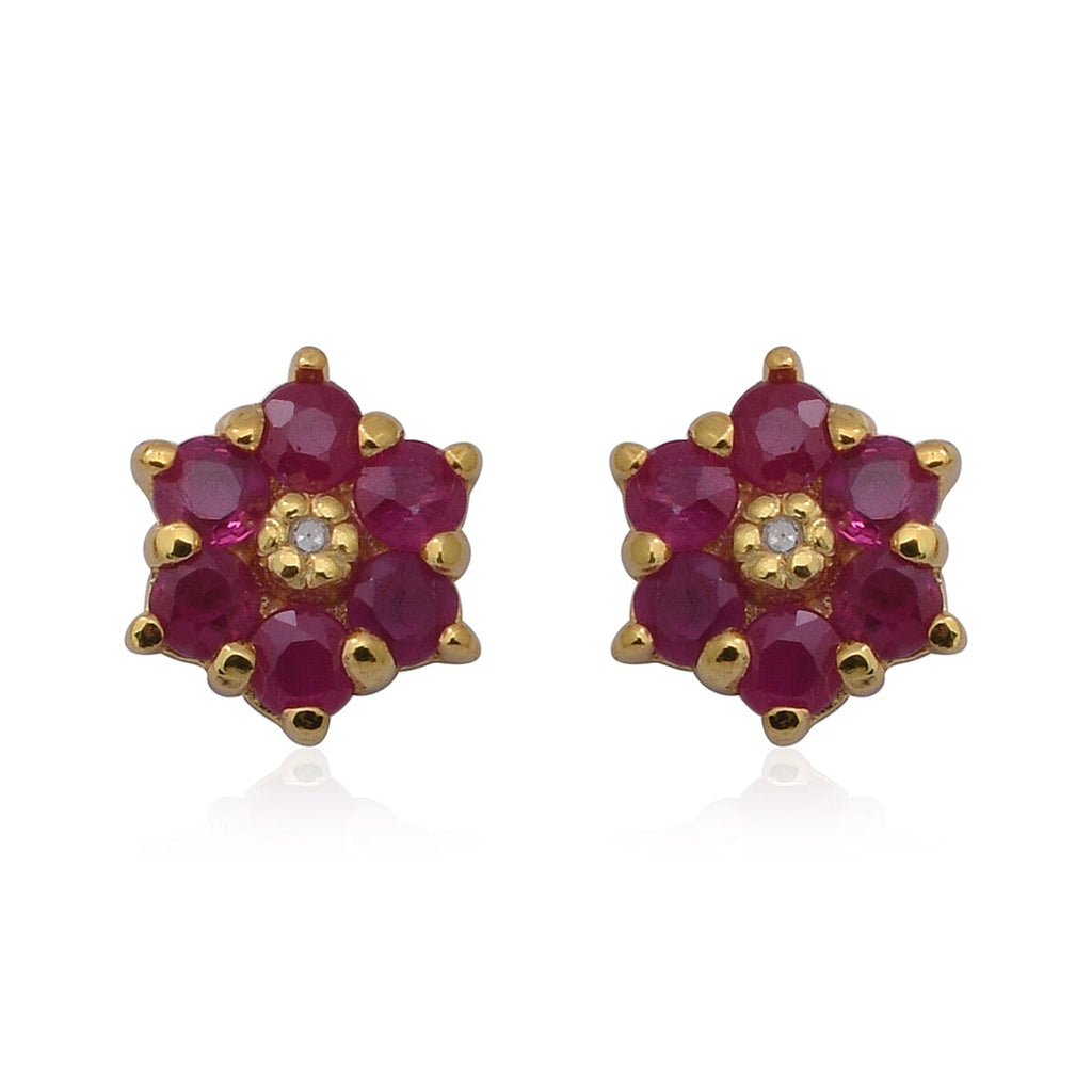 Ruby and Diamond Floral Stud Earrings in Yellow Gold Overlay Sterling Silver 1.00 Ct.