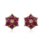 Ruby and Diamond Floral Stud Earrings in Yellow Gold Overlay Sterling Silver 1.00 Ct.