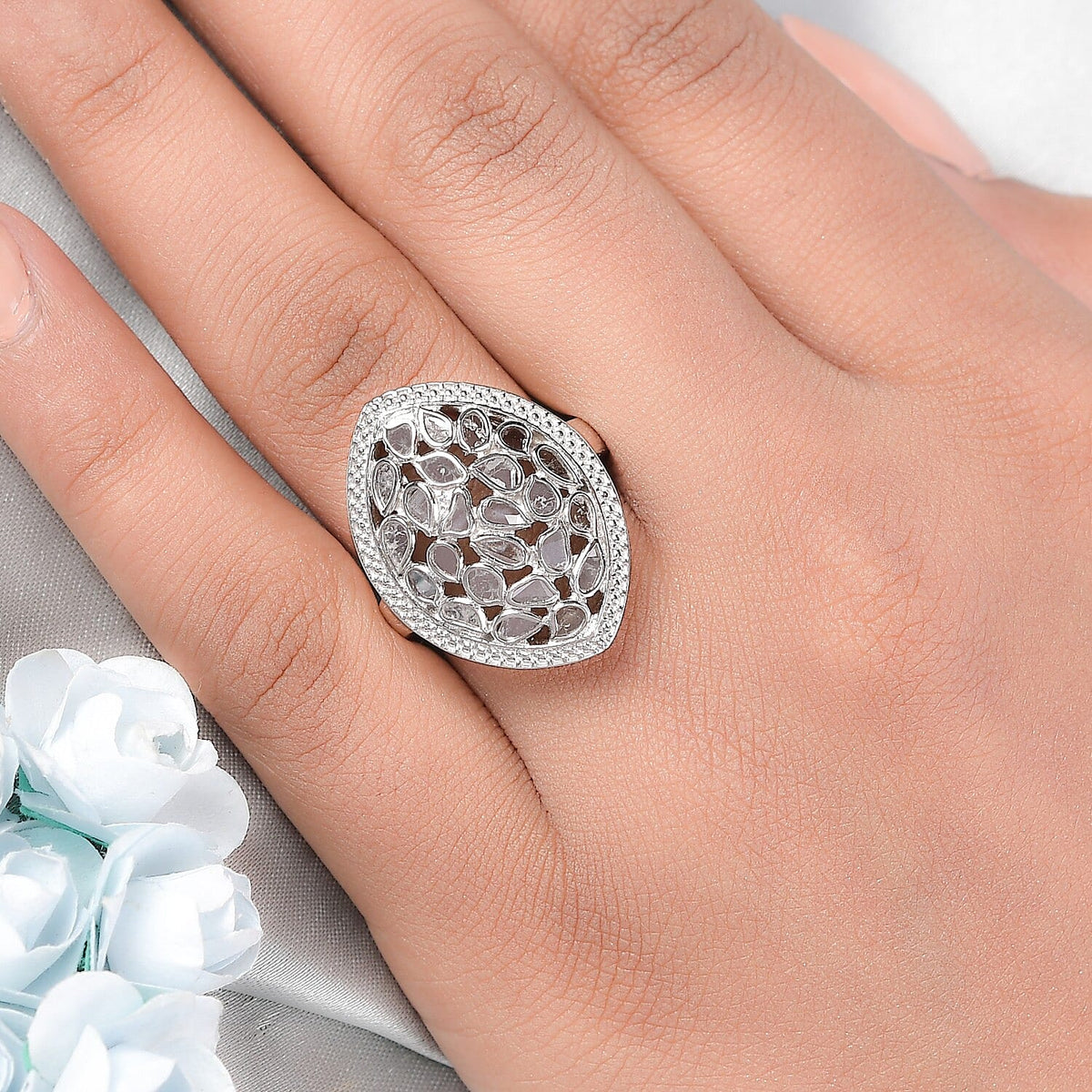 1.05 Ct. Artisan Crafted White Polki Diamond Ring in Platinum Plated Sterling Silver 6710975 3