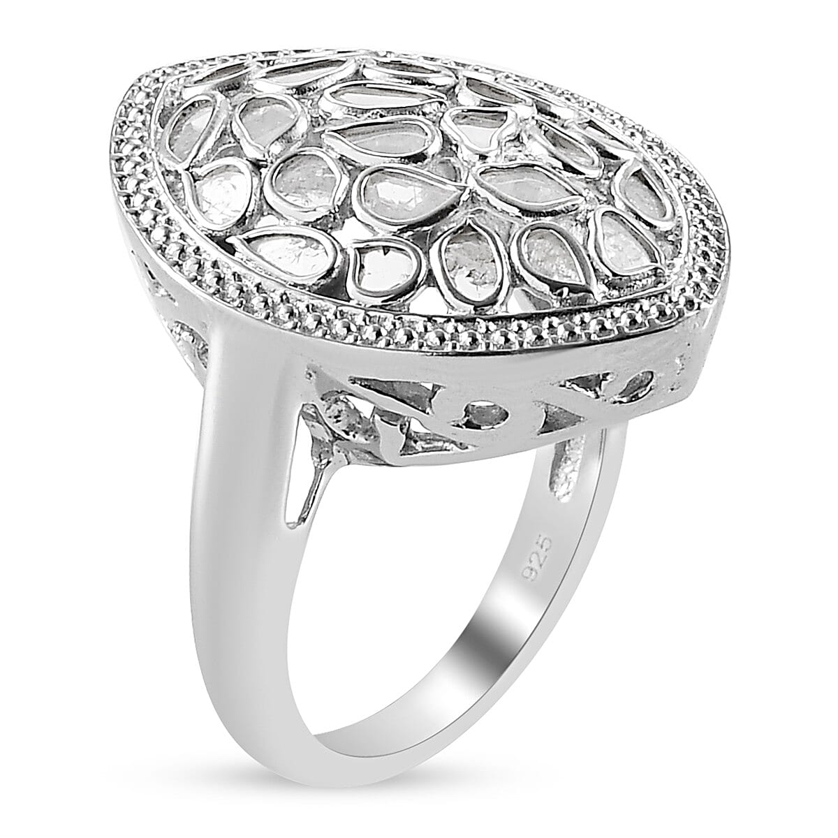 1.05 Ct. Artisan Crafted White Polki Diamond Ring in Platinum Plated Sterling Silver 6710975 4