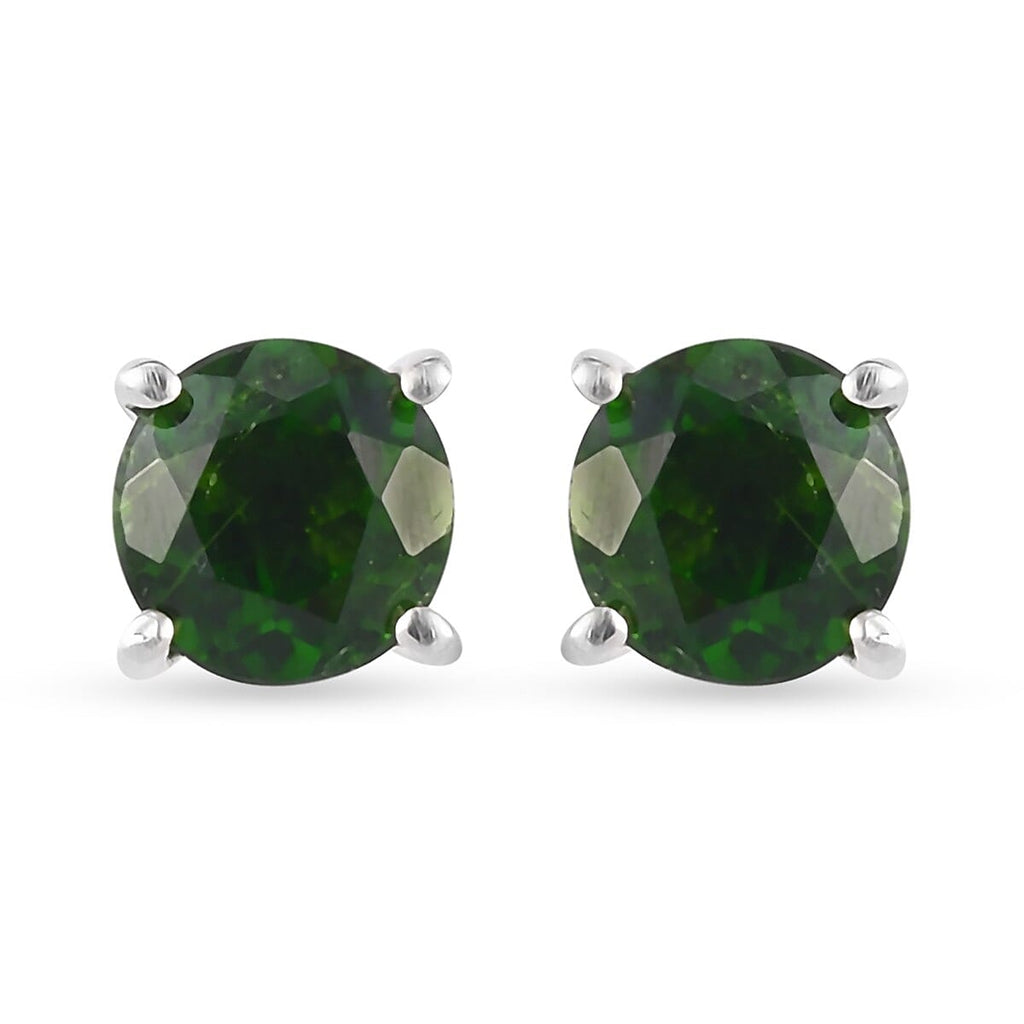 Chrome Diopside Solitaire Stud Earrings (with Push Back) in Platinum Overlay Sterling Silver