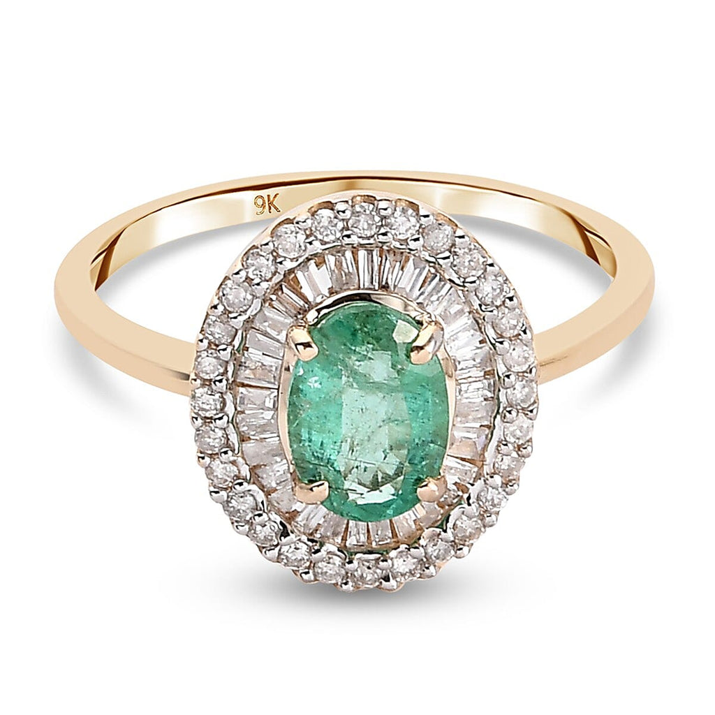 9K Yellow Gold Premium Santa Terezinha and Diamond Double Halo Ring 1.00 Ct.