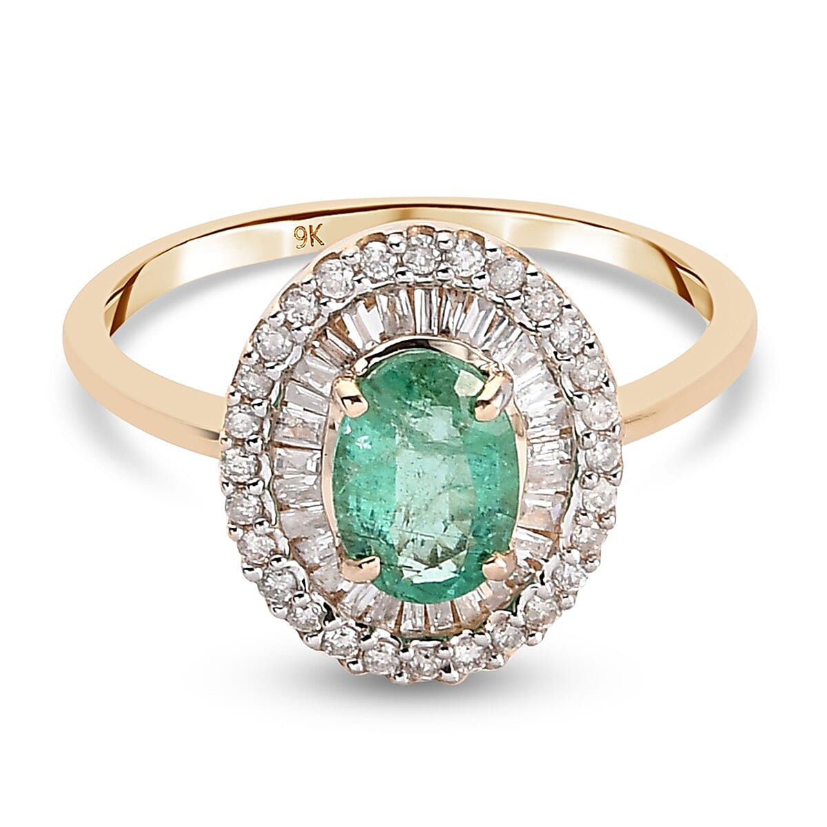 1.05 Ct. Emerald and White Diamond Double Halo Ring in 9K Yellow Gold 3821244 0