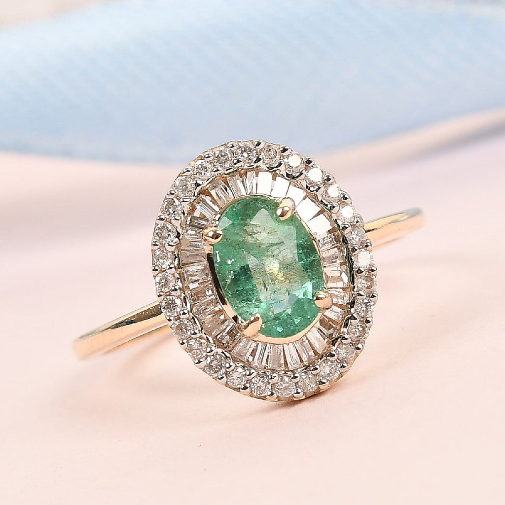9K Yellow Gold Premium Santa Terezinha and Diamond Double Halo Ring 1.00 Ct.
