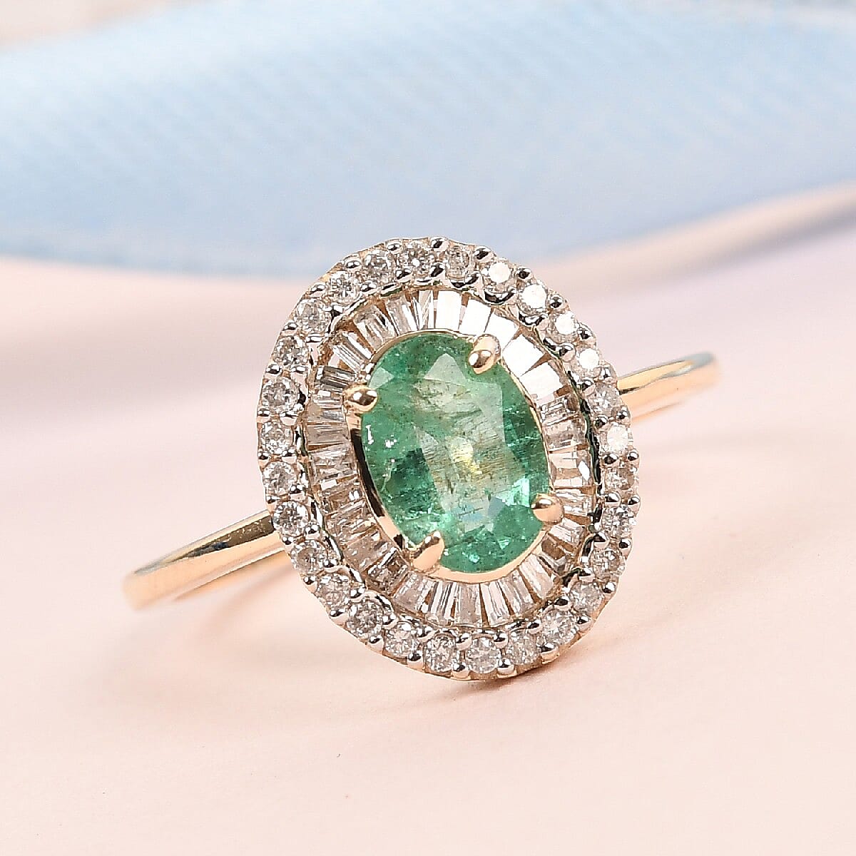 1.05 Ct. Emerald and White Diamond Double Halo Ring in 9K Yellow Gold 3821244 2