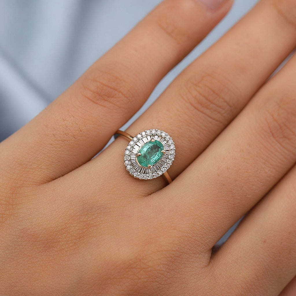 9K Yellow Gold Premium Santa Terezinha and Diamond Double Halo Ring 1.00 Ct.
