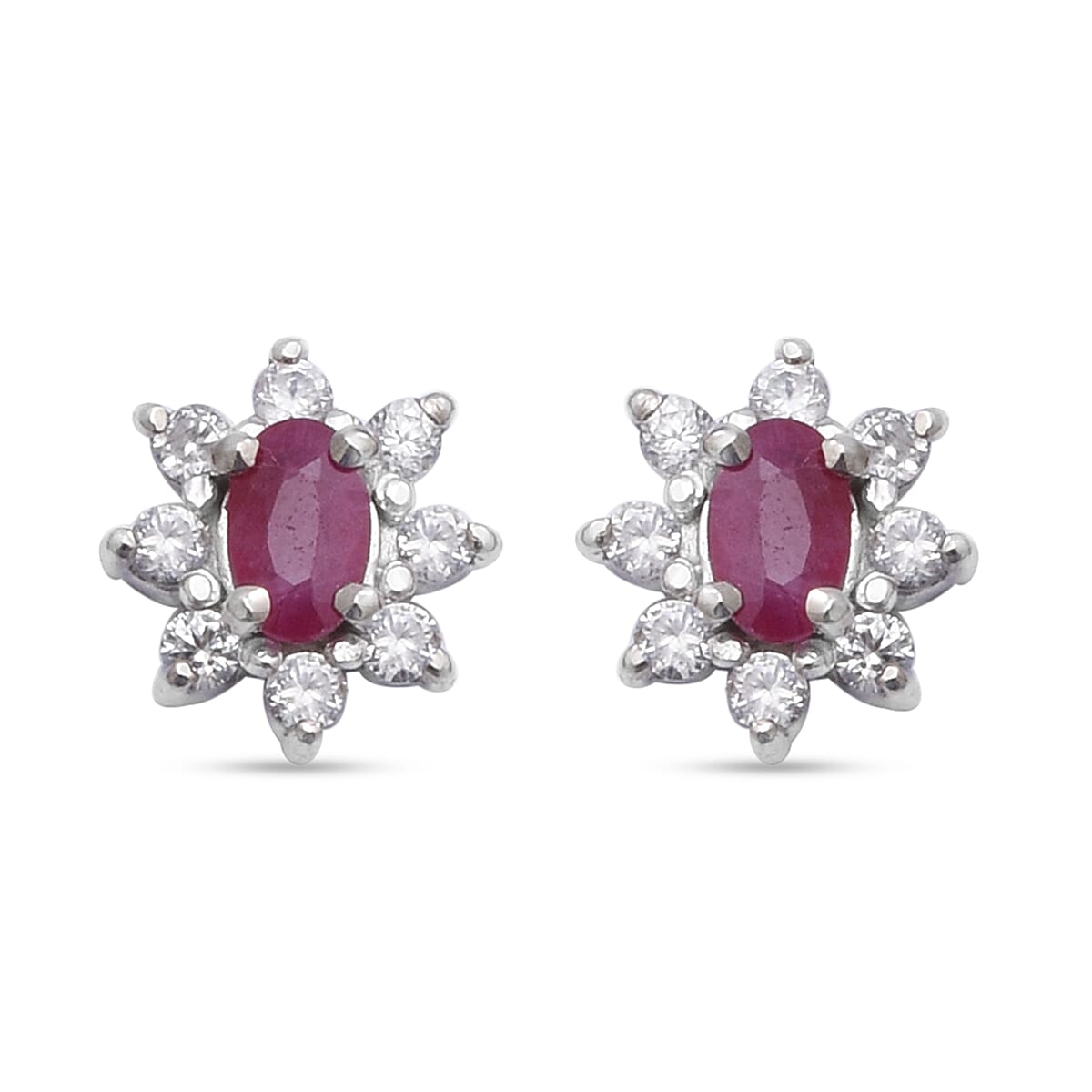 1.06 Ct. Ruby and Natural Cambodian Zircon Halo Earrings in Rhodium Plated Sterling Silver 6347271 0