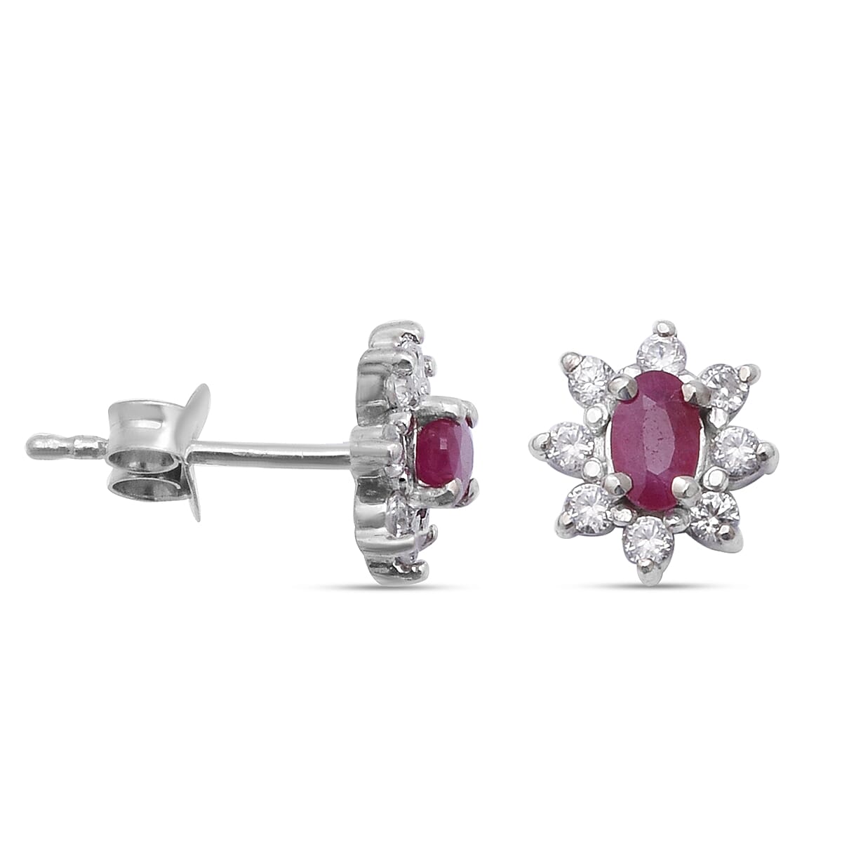 1.06 Ct. Ruby and Natural Cambodian Zircon Halo Earrings in Rhodium Plated Sterling Silver 6347271 2