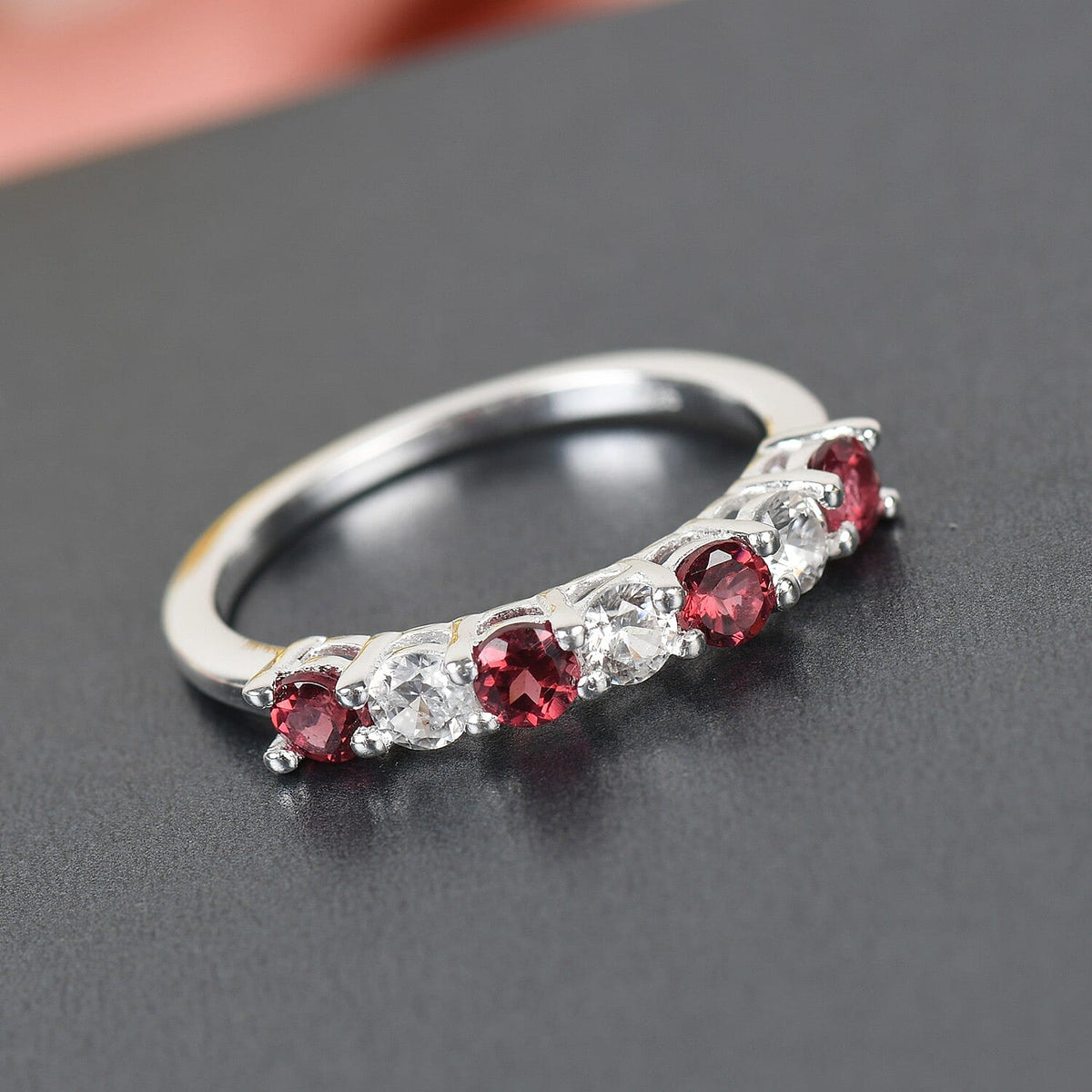 1.07 Ct. Rose Garnet and Natural Cambodian Zircon 7 Stone  Stacking Ring in Sterling Silver 3838414 2