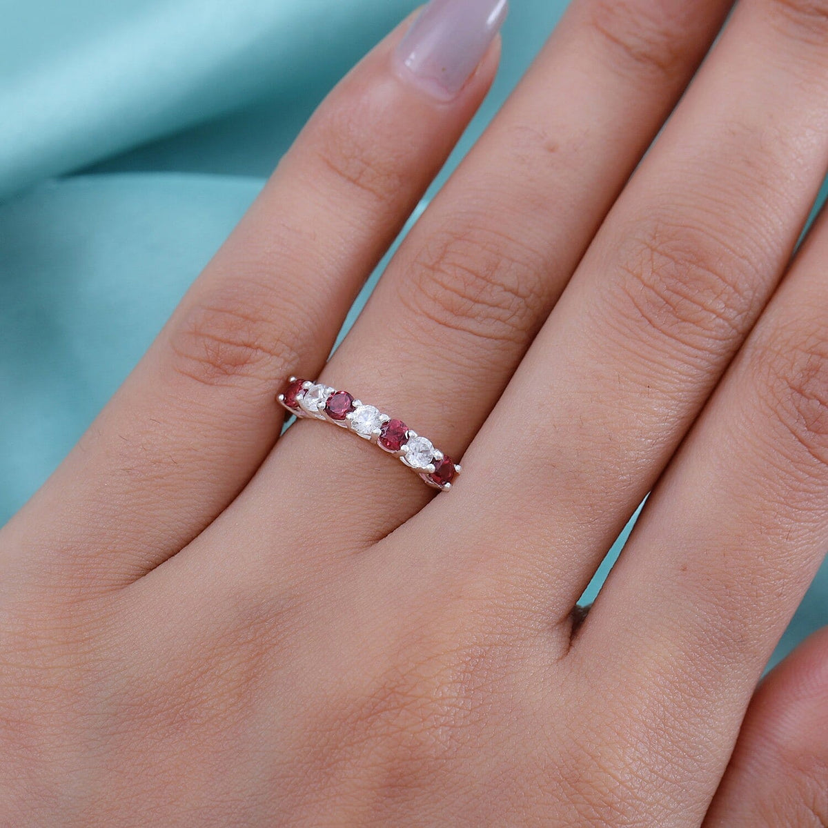 1.07 Ct. Rose Garnet and Natural Cambodian Zircon 7 Stone  Stacking Ring in Sterling Silver 3838414 3