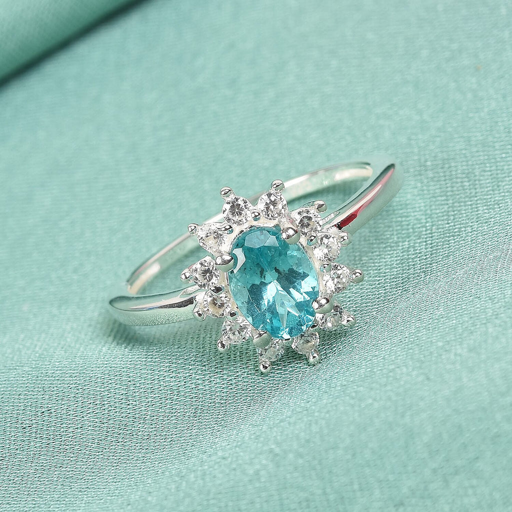 Paraiba Apatite & Natural Cambodian Zircon Halo Ring in Platinum Overlay Sterling Silver 1.19 Ct.