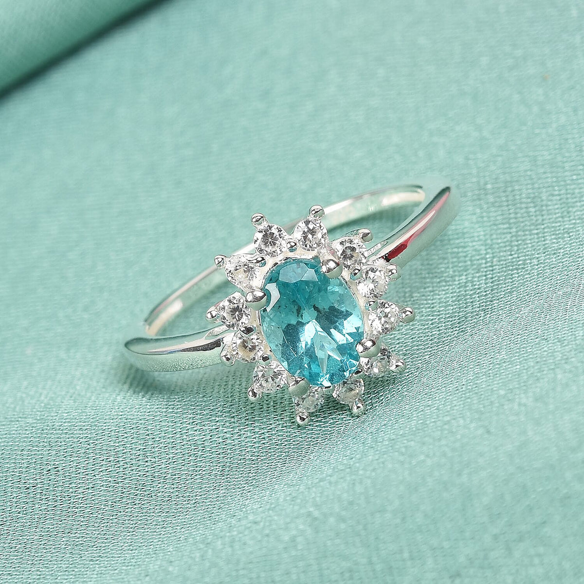 1.21 Ct.Paraiba Apatite and Natural Cambodian Zircon Halo Ring in Sterling Silver 3683025 2