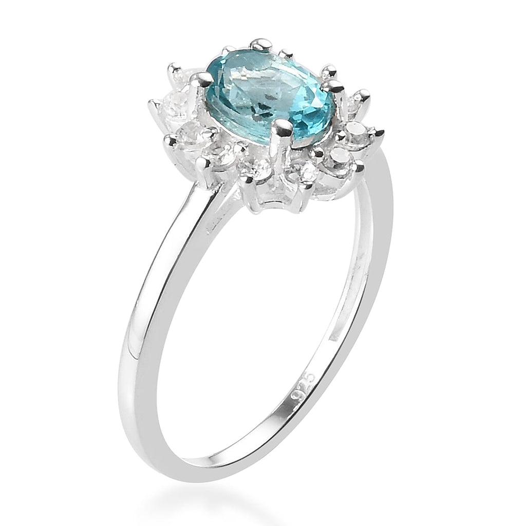 Paraiba Apatite & Natural Cambodian Zircon Halo Ring in Platinum Overlay Sterling Silver 1.19 Ct.