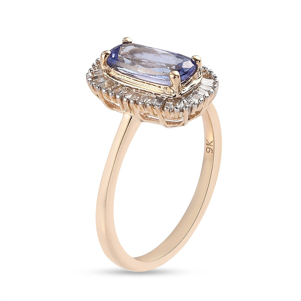 9K Yellow Gold Tanzanite and Diamond Halo Ring 1.29 Ct.