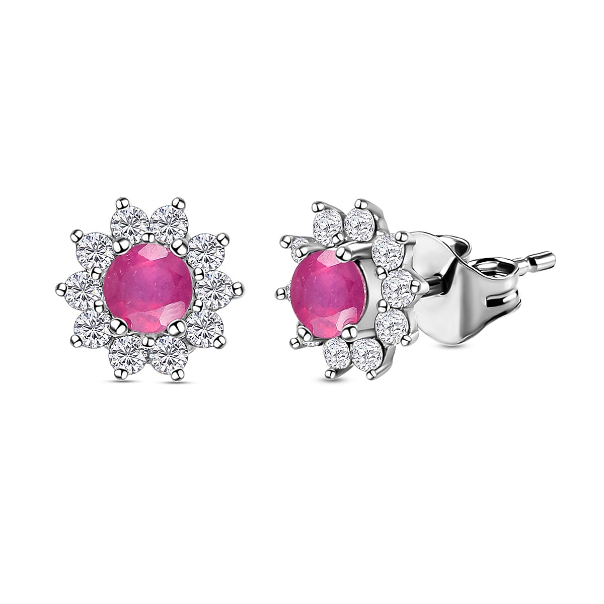 1.3 Carat African Ruby and Zircon Halo Earrings in Sterling Silver 7323874 4