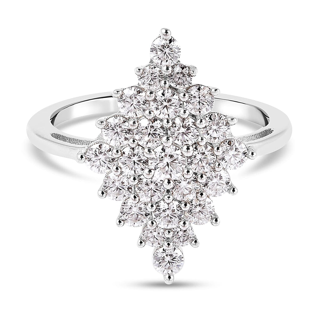 Moissanite Cluster Ring in Rhodium Overlay Sterling Silver 1.50 Ct