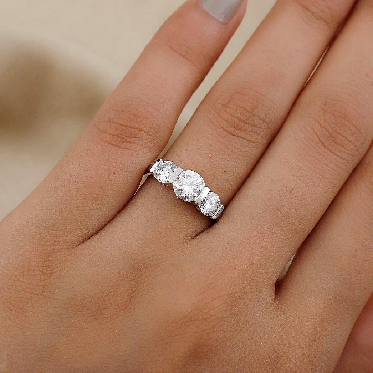 1.59 Ct. Moissanite Trilogy Ring in Platinum Plated Sterling Silver 3818946 3